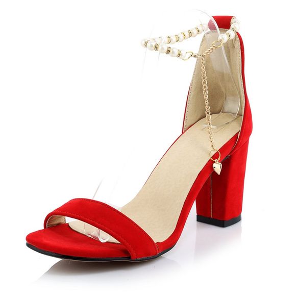 Bout rond chaîne en cuir nappé de perles talons chunky sandales élégante dame - Rouge EU 43