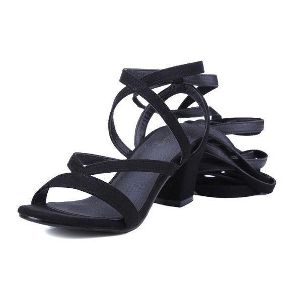 Bretelles croisées, talons épais et sandales à la mode - Noir EU 36