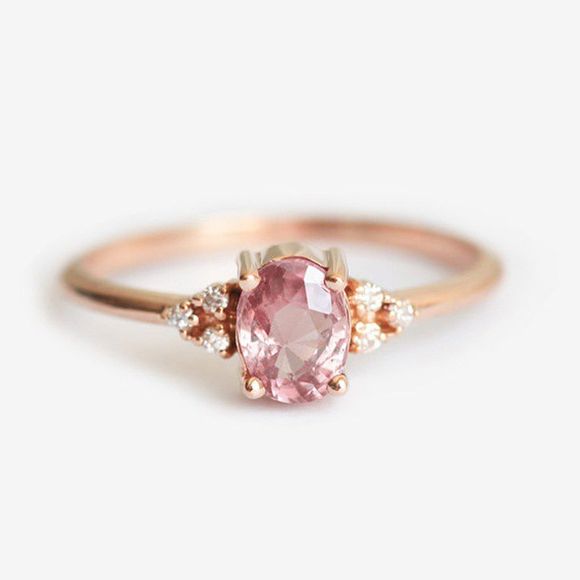 Bague saphir pêche à grappes de diamants délicatement dame rose - Or de Rose US 8