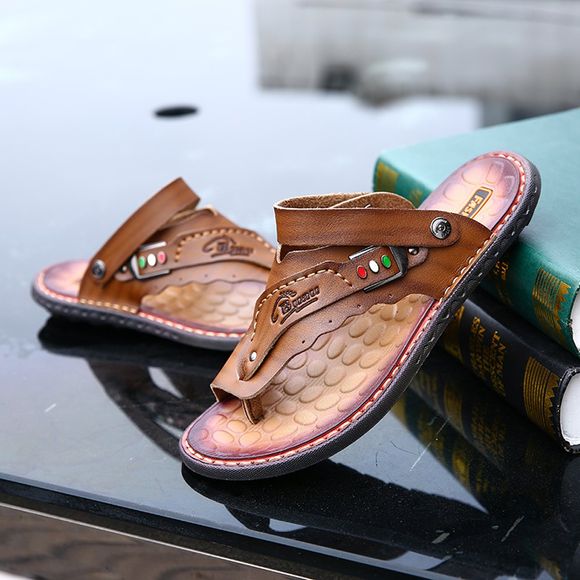 Sandales pour hommes Pantoufles de plage en cuir véritable pour hommes Chaussures de plein air confortables - Kaki Foncé EU 44