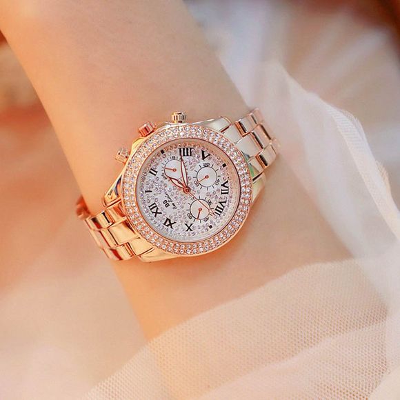 Femmes S Starry Full Diamond Large Dial Trend Quartz Watch - Or de Rose 